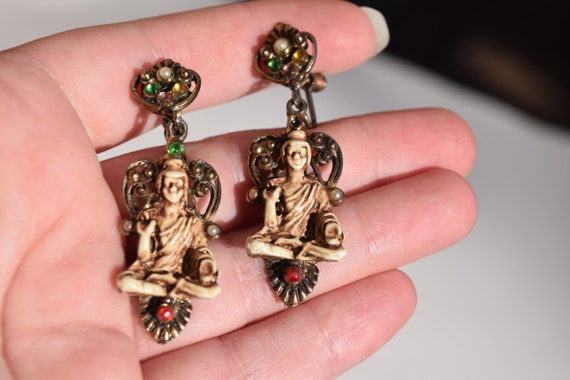 Buddha earrings vintage highly detailed Mid Centu… - image 1