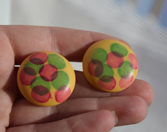 SALE bakelite earrings statement earrings vintage sponge dot painted pink red green dots on butterscotch button style clip on rare jewelry