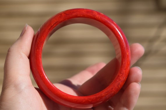 bakelite bracelet vintage red orange yellow marbl… - image 5