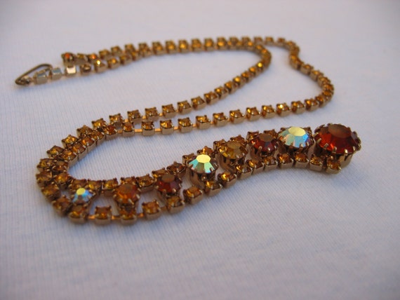 SALE rhinestone necklace vintage yellow golden au… - image 1