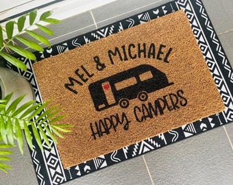Personalised Happy Campers Coir Doormat: Caravan Welcome Mat