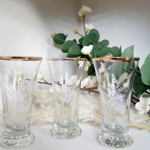 Vintage Etched Liquor Glasses: Gold Rim Floral Drinkware