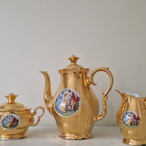 Vintage Gold Guilded Tea Pot, Milk Jug and Sugar Bowl, EPIAG CZECHOSLOVAKIA, Barvarian Teapot, Vintage Gold guilded Porcelain Tea Set