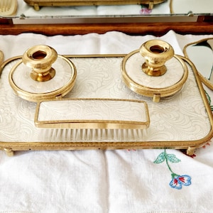 Vintage Vanity Set, Vintage Vanity Mirror, Brush, Candlestick Holder, Vintage Dressing Table Vanity Set, Ivory and Gold Vanity Set