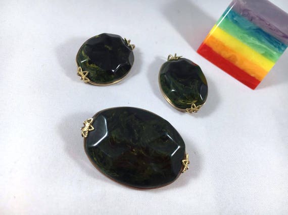 Vintage Bakelite Set - Dark Evergreen Marblette F… - image 3