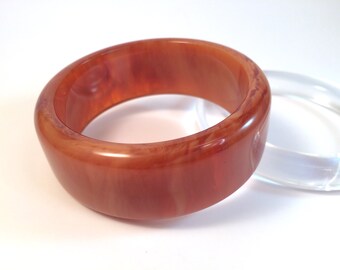 Bakelite Bracelet - Glowing Juicy Fire Red Orange with Peach Marblette Chunky Polished Catalin Bakelite Bangle 1 1/8"