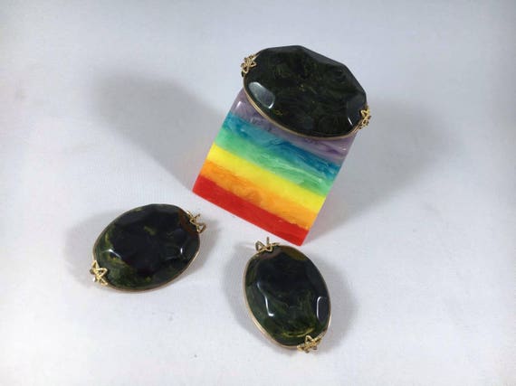 Vintage Bakelite Set - Dark Evergreen Marblette F… - image 1