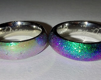 Color Shift Crystal Shimmer Stainless Steel and UV Resin Rings - Whole Sizes 3-16