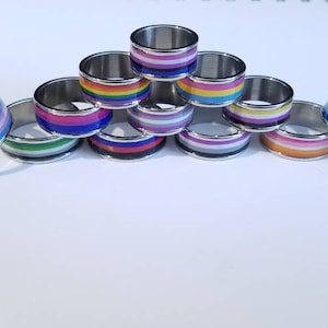 The Gayest Rings 1.5! Stainless Steel LGBTQ Flag Channel Bands, Whole Sizes 2-16 - Gay, Lesbian, Asexual, Bisexual, Pansexual, Transgender