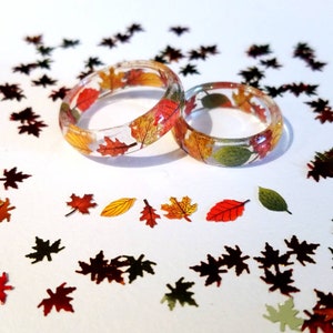 May include: Two clear resin rings with embedded autumn leaves in shades of red, orange, and yellow. The rings are surrounded by scattered leaf-shaped confetti on a white surface. A seasonal, nature-inspired jewelry design.