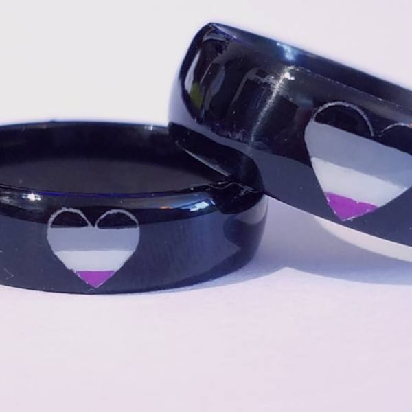 Asexual Pride Brushed Finish Imitation Cats Eye Black Stainless Steel Rings - Whole Sizes 3-16 - Aspec, Demisexual, Grey Asexual with Flags!