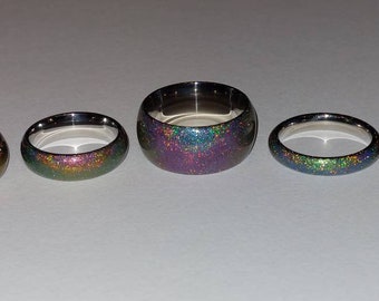Kaleidoscope Color Shift Holographic Stainless Steel and Resin Rings - Whole Sizes 3 - 16