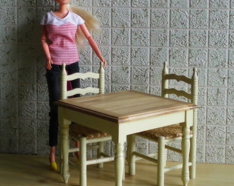 Furniture set for dolls 1/6. Dollhouse furniture for the kitchen  - table and 2 chairs.