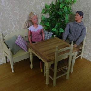 Realistic Set 1/6 Scale Wooden Table, Bench, 2 Chairs for Fashion doll, Blythe, Barbie, Pullip, Obitsu, for diorama kitchen/living room.