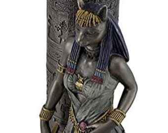 Egyptian Goddess Bastet Leaning on Pillar Statue 