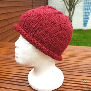 Easy Rolled Brim Hat Knitting Pattern in 3 Sizes, Unisex Beanie Hat Instructions PDF Download