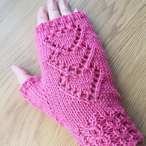 Knitting Pattern for Lace Hearts Fingerless Gloves in 3 sizes - Child to Large Adult - Detailed Written Instructions.