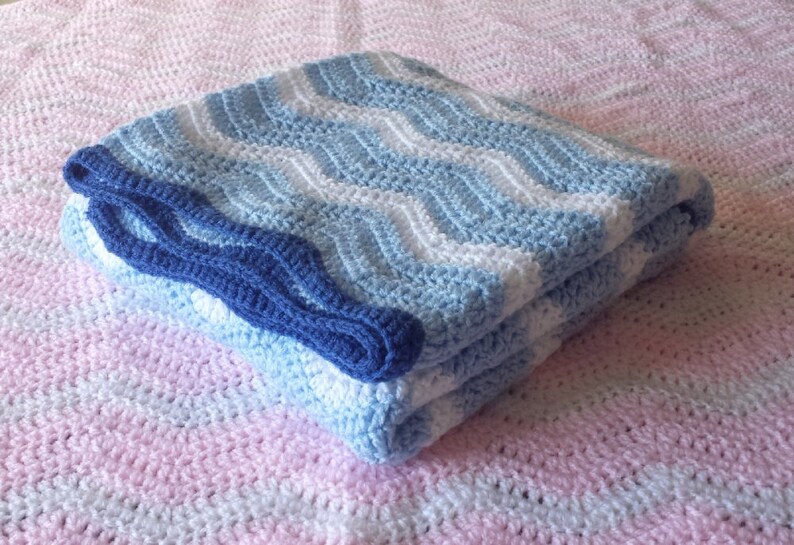 Blue and White Baby Blanket Crochet Afghan With Ripple Wave Etsy