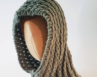 Wriggles Hooded Cowl Knitting Pattern, Download PDF Written Instructions in English and French.