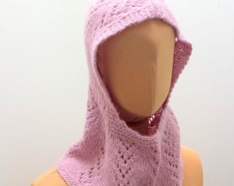 Knitting Pattern: Lace Alpaca Hoodie Cowl - English + French -  Instant PDF Download Knitting Pattern For Scarf with Hood Balaclava Women