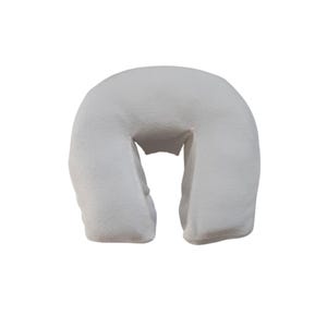 May include: White U-shaped pillow for massage therapy. The pillow is made of soft, plush fabric and has a hole in the center for the neck.