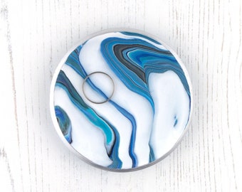 Blue and White Marble Trinket Dish, Polymer Clay Ring Dish, Ring Holder, Geode Effect Jewellery Dish, Jewellery Storage, Boho Ring Dish