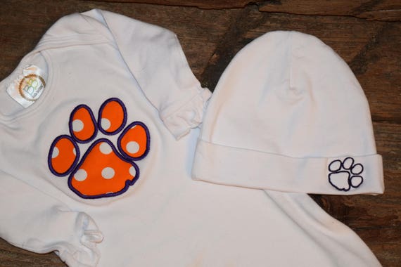 Clemson Tiger Paw Applique Newborn Gown And Hat Gift Set
