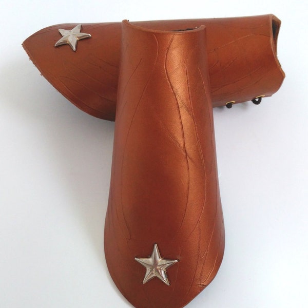 REDUCED PRICE Star Studded Leather Bracers Superhero Gold Silver Costume Wings Etched Wonder Woman