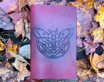 Burgundy Silence of the Lambs Leather Journal Notebook Sketchbook Handmade Death's Head Moth OOAK RTS