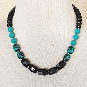 Southwestern Turquoise & Black Tourmaline Statement Necklace - Bohemian Agate Beads Jewelry
