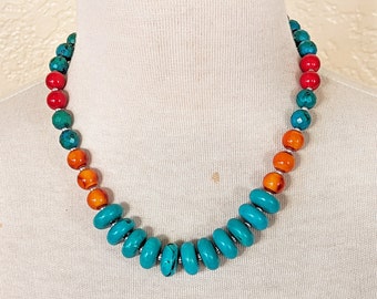 Turquoise Blue & Burnt Orange Statement Necklace, Southwestern Red and Blue Handmade Necklace, Women's Necklace, Gift for her