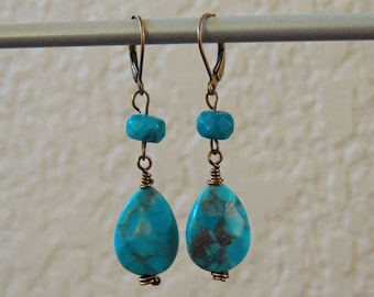 Bohemian Aqua Blue Teardrop dangle earrings -  Teal Blue earrings,  Wire-wrapped earrings,  Bridal Jewelry, Turquoise Howlite