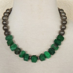 Dark Green Choker Necklace, Chunky Green Statement Necklace, Silver Pyrite Necklace, Hunter Green Necklace, Christmas, BohoChic, OOAK, Gift