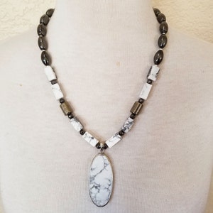 Best Seller, Turquoise Howlite Necklace, Pyrite Hematite Necklace, White Pendant Necklace, Statement Necklace, Gift Idea, Resort Jewelry