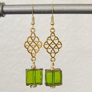 Lime Green Earrings - Chartreuse Earrings - Gold Lime Green Earrings - Lime Green Glass Earrings - St. Patrick&#39;s - Gold Filigree,