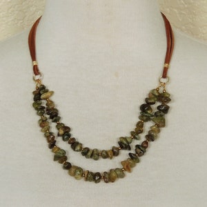 Green Garnet Double Strand Necklace, Bib Necklace, Handmade Jewelry, BohoChic, Gift Idea, Healing Stones, Brown Rust Suede, Everyday Wear