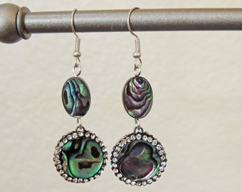 Abalone Earrings, Green Shell Earrings, Boho Abalone Earrings, Sterling Silver Abalone Earrings, Sterling Silver Rhinestone Earrings, Shell