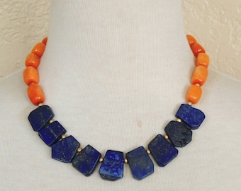 Orange & Navy Blue Necklace, Lapis Lazuli Bib Necklace, Orange Statement Necklace, Navy Blue Southwestern Necklace,  Rustic Boho Chic