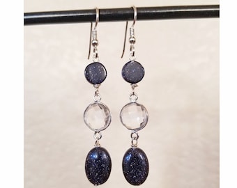 Navy Blue Goldstone Earrings - Blue Sparkle Earrings - Navy Blue Statement Earrings - Clear Quartz Dangle Earrings - Gift For Her, Dark Blue