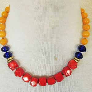 Golden Yellow Agate, Red Coral Statement Necklace, Navy Blue Recycled Glass Necklace, BohoChic, Southwestern, Wedding, Power Stones, Gift