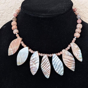 Sunstone Shell Necklace, Earthtone Statement Bib, Wedding Jewelry, Silver-Plated Clasp