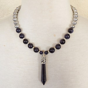 Midnight Blue Sunstone Necklace, Navy Blue Strand Necklace, Blue Pendant Necklace, BohoChic, Hematite, Gift Idea, Handmade, Healing Stones
