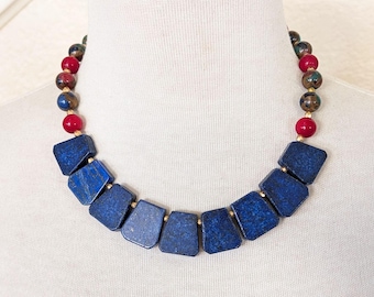 Lapis Lazuli Bib Necklace, Mosaic Quartz, Burgundy Jade, Boho Statement Wedding Jewelry