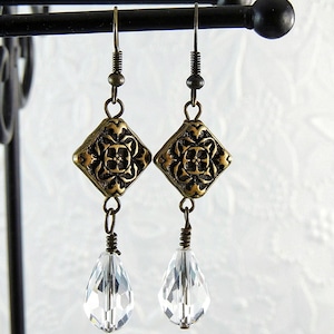 Bohemian clear glass earrings -Dangle Boho Antiqued Brass earrings - Bohemian flower earrings , brass earrings, clear earrings, steampunk
