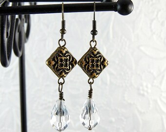 Boho Dangle Earrings: Antiqued Brass Flower, Clear Glass Teardrop
