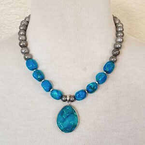Teal Blue Jasper, Silver Druzy Necklace, Teal Blue Agate Mosaic Pendant Necklace, Statement, Power Healing Stones, BohoChic, Handmade Gift