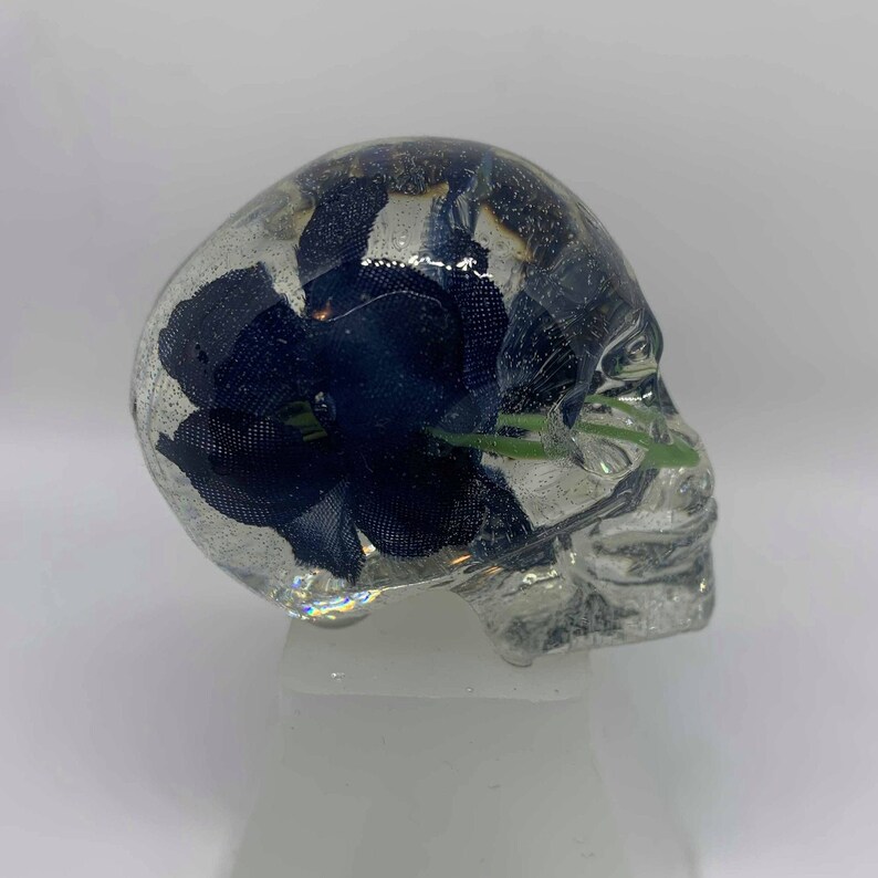 Skull Blue Flower Resin Skull Head Paper Weight Desk Alter Home Decor Halloween