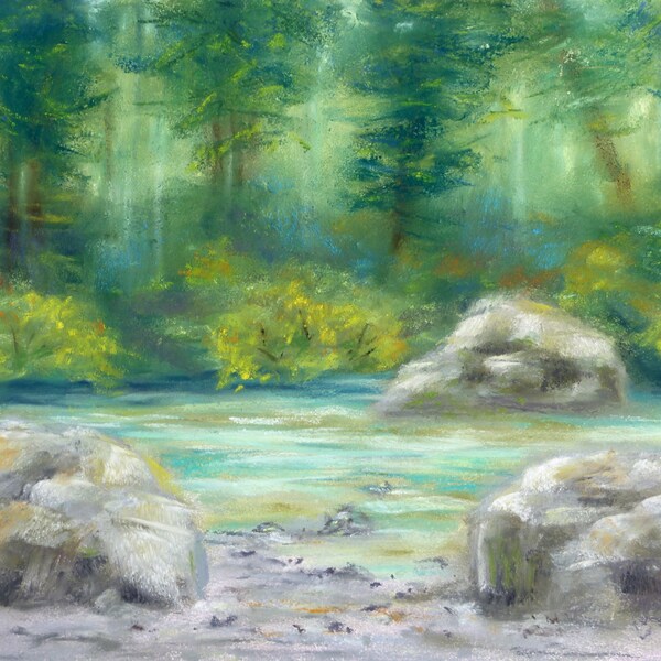 Original art - forest and river pastel painting, "Shady Cove".