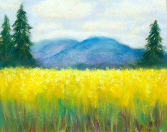 Original art - soft pastel painting -Back Field in the Spring.  Impressionistic landscape painting.