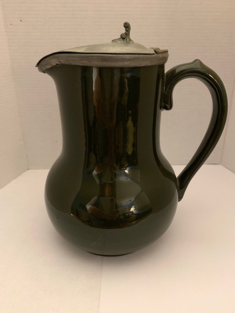 Vintage Stoneware Pitcher With Metal Hinged Lid Etsy